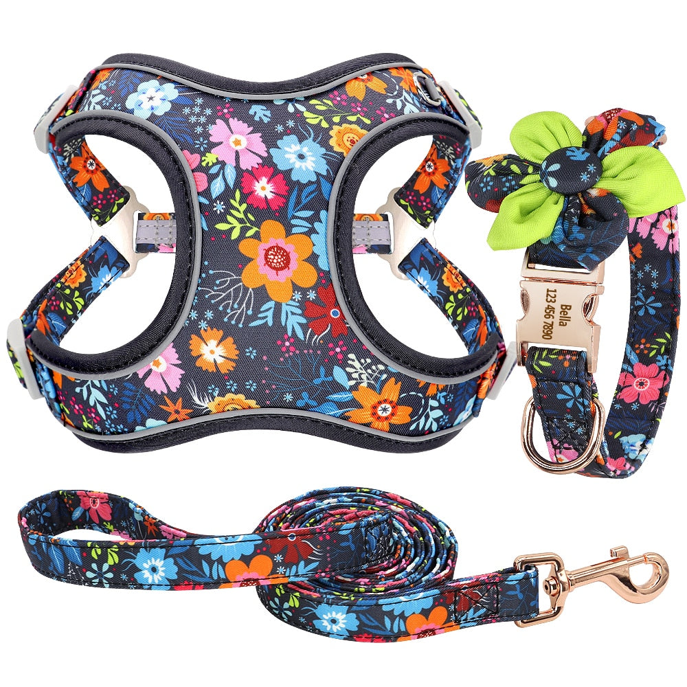 Floral French Bulldog Collar Harness And Leash Set