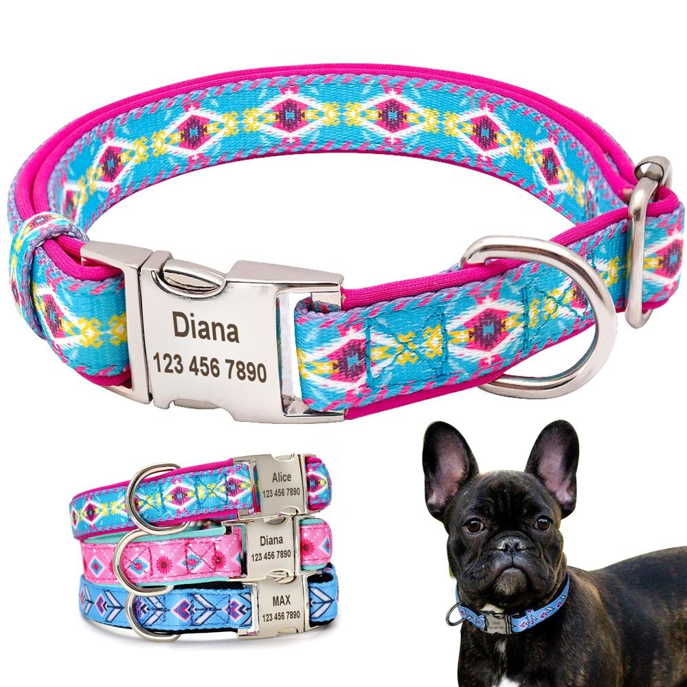 Colorful Print Personalized French Bulldog Collar Blue S
