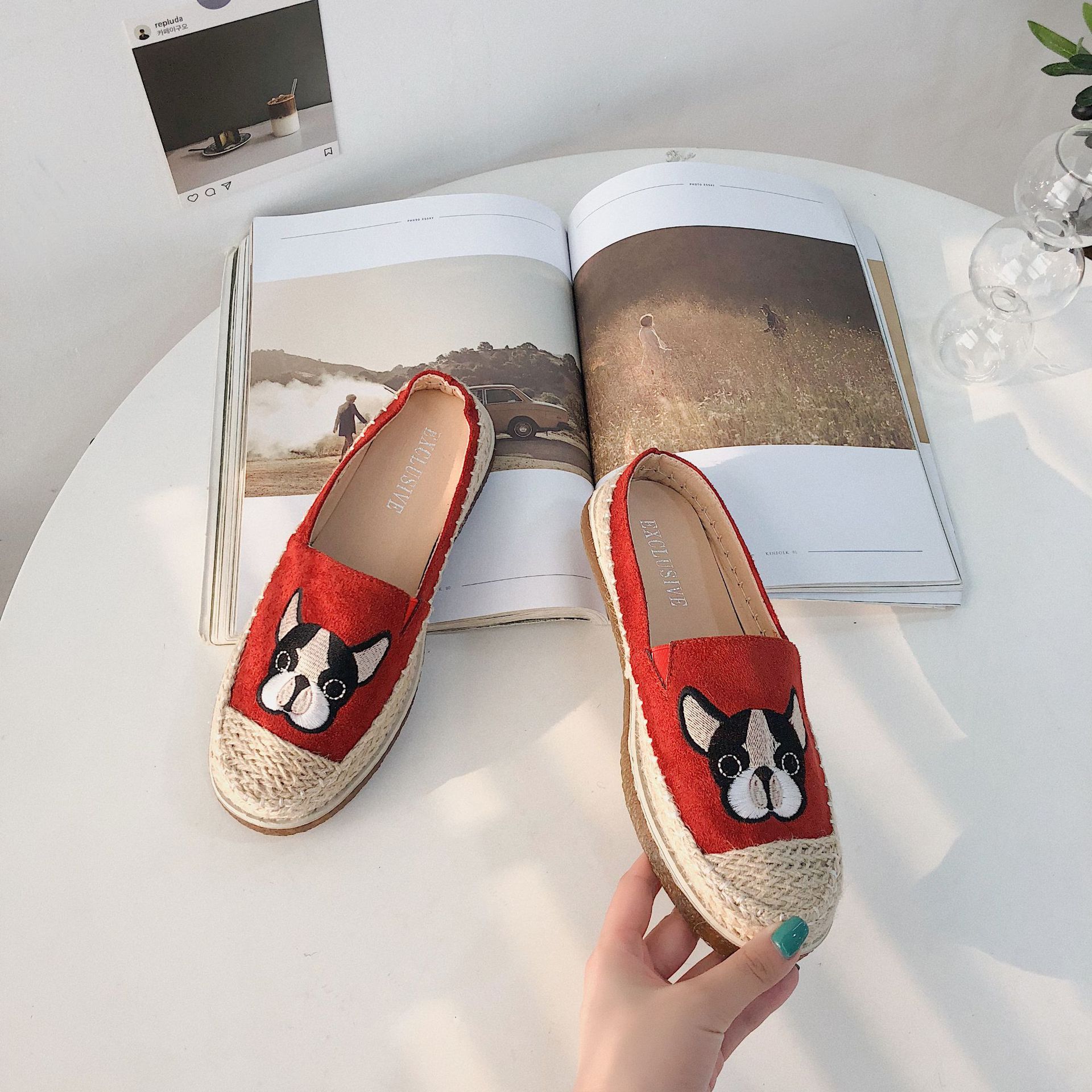 Frenchie Embroidered Slip-On Espadrilles Red 36