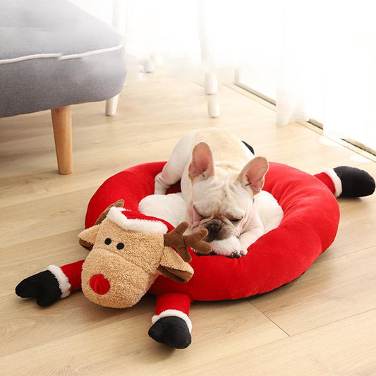 Reindeer Round Frenchie Dog Bed Red