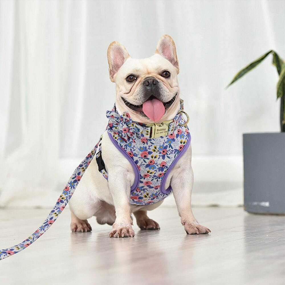 Flowers and Frenchie Harness With Waste Bag Dispenser