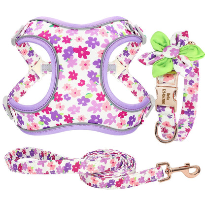 Floral French Bulldog Collar Harness And Leash Set