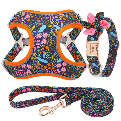 Floral French Bulldog Collar Harness And Leash Set