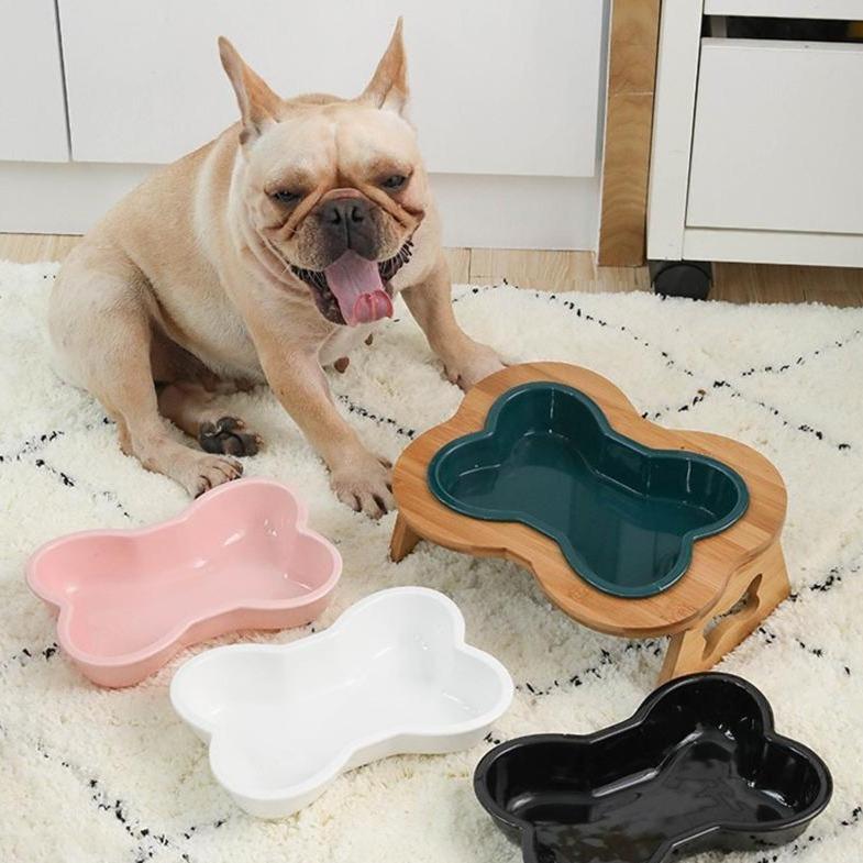 Bone Shape Dog Feeding Bowl Green Bowl wooden stand