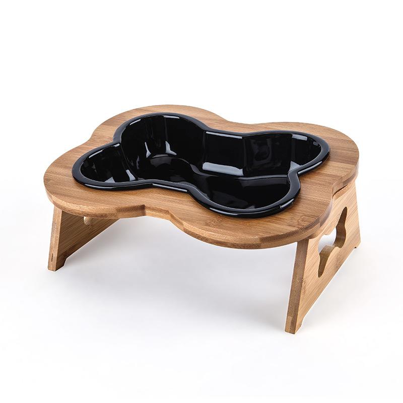 Bone Shape Dog Feeding Bowl Black Bowl wooden stand