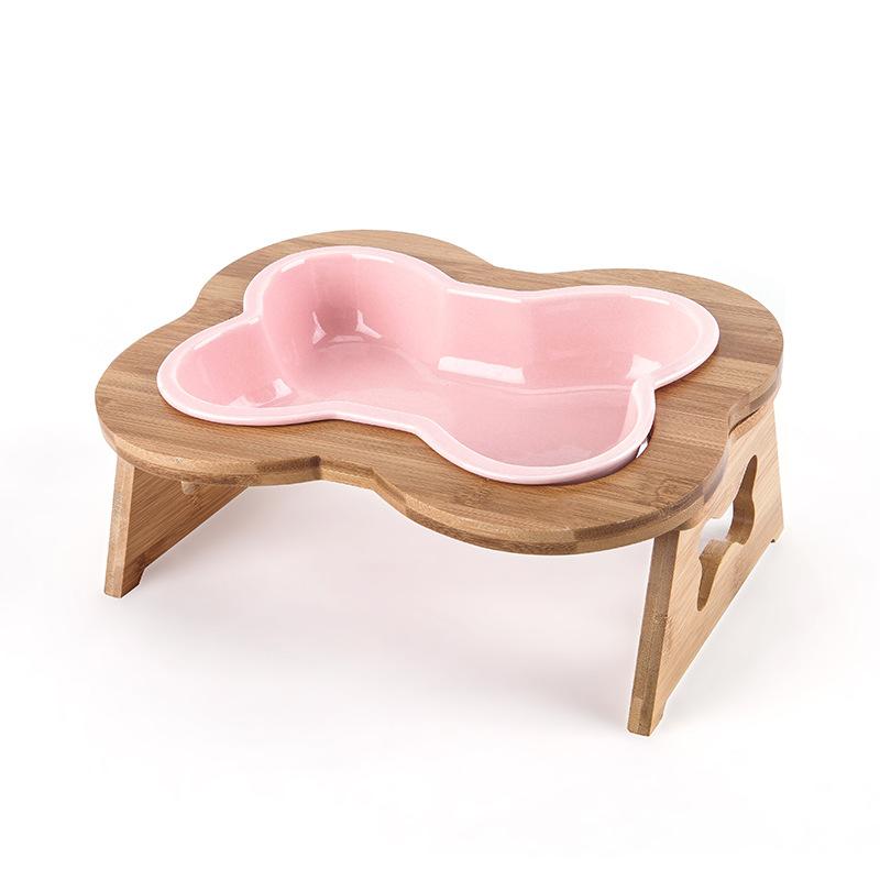 Bone Shape Dog Feeding Bowl Pink Bowl wooden stand