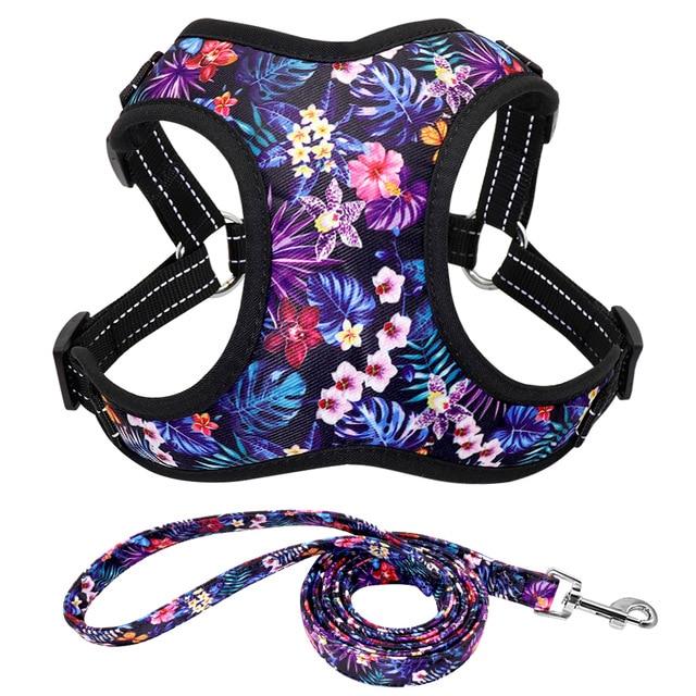 Floral Print Dog Harness and Leash Set Purple XS