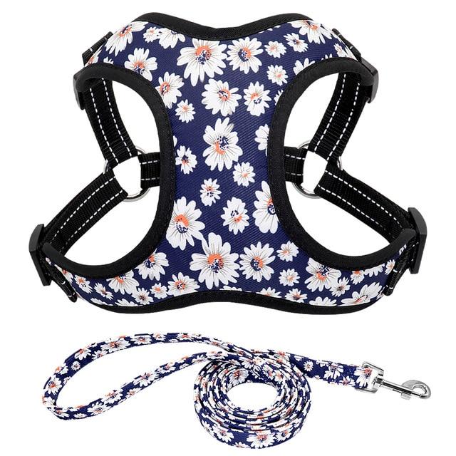 Floral Print Dog Harness and Leash Set White M