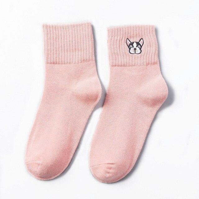 French Bulldog Embroidery Crew Socks Pink