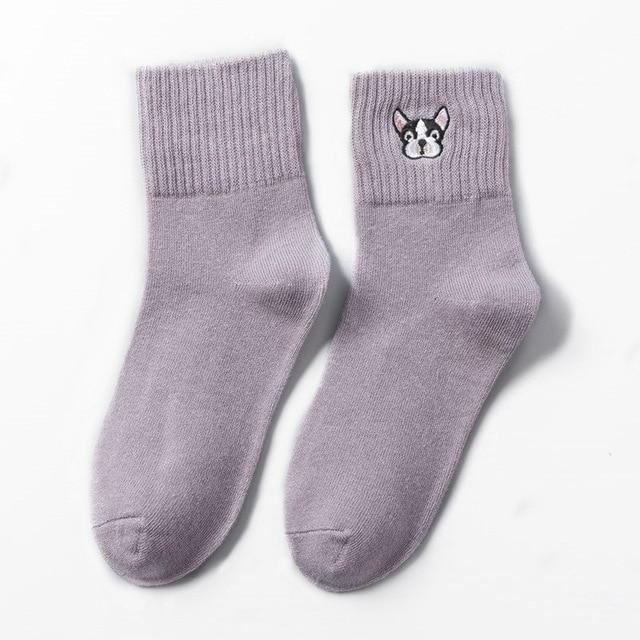 French Bulldog Embroidery Crew Socks Silver