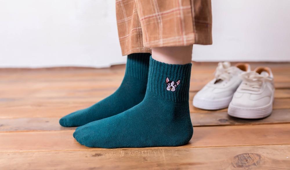 French Bulldog Embroidery Crew Socks Black