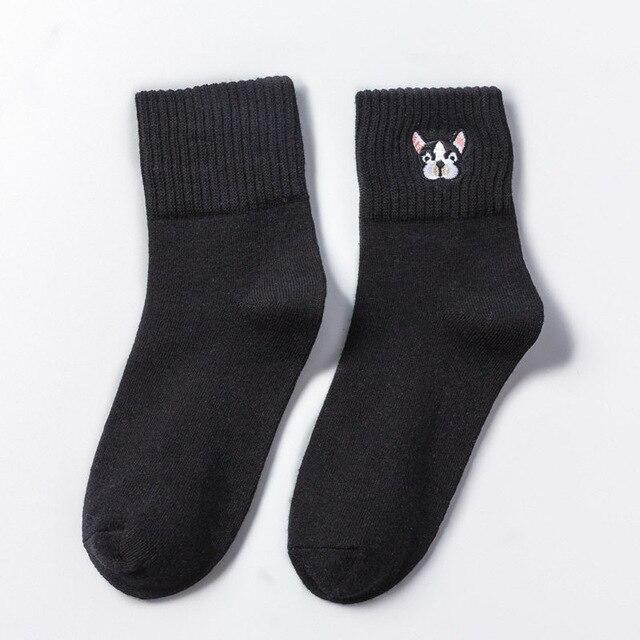 French Bulldog Embroidery Crew Socks Black