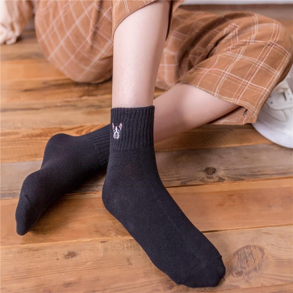 French Bulldog Embroidery Crew Socks Black