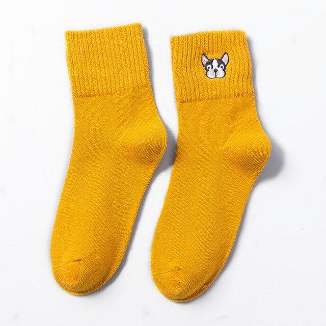 French Bulldog Embroidery Crew Socks Orange