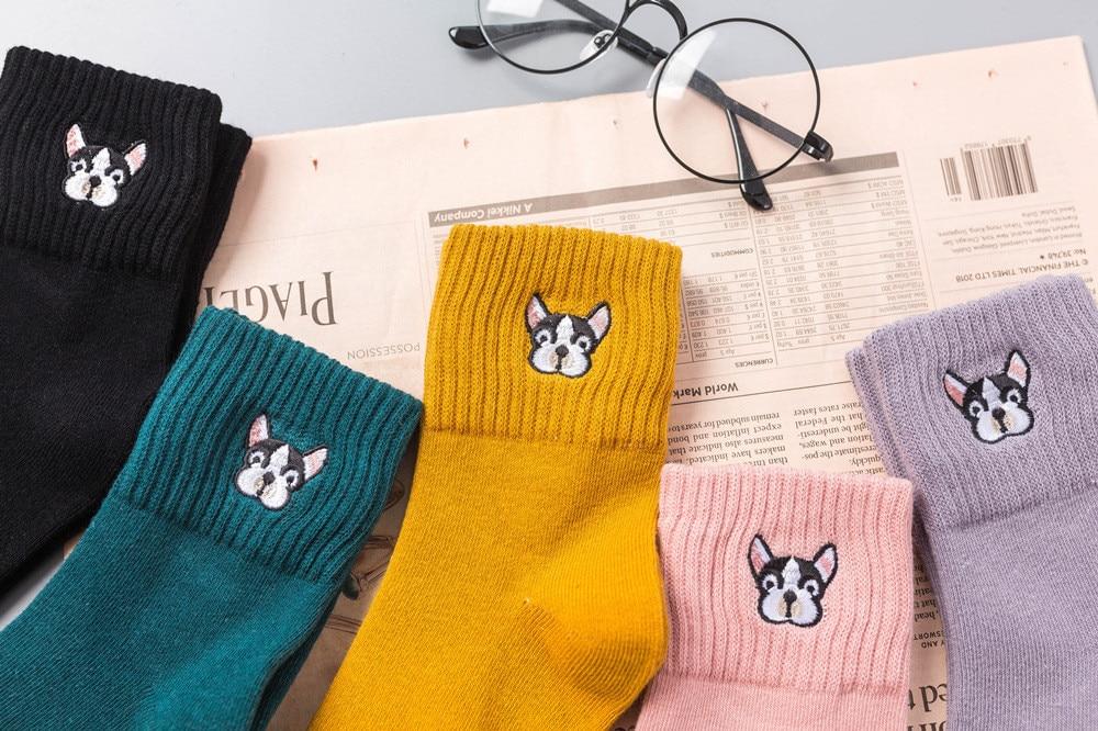 French Bulldog Embroidery Crew Socks Black