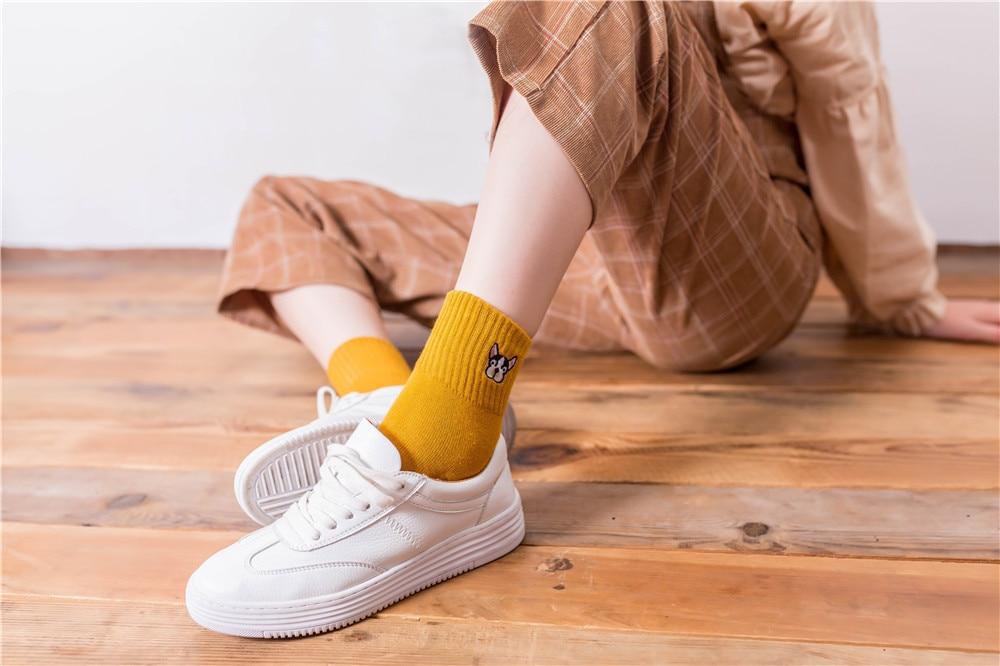 French Bulldog Embroidery Crew Socks Black