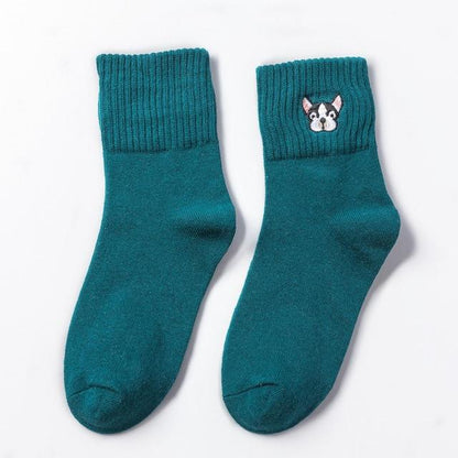 French Bulldog Embroidery Crew Socks Green