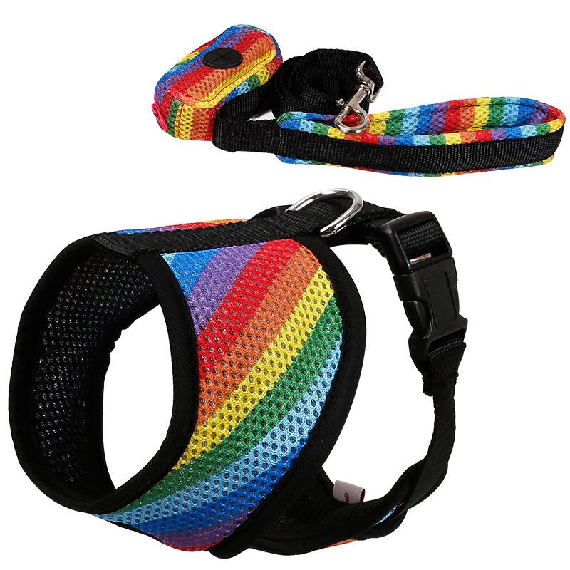 Rainbow Breathable French Dog Harness & Leash Rainbow M