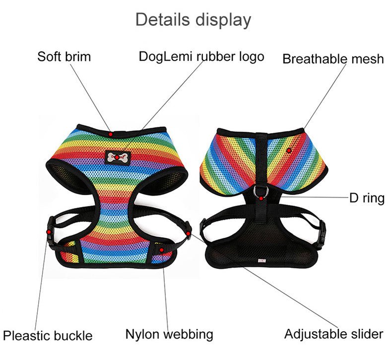 Rainbow Breathable French Dog Harness & Leash Rainbow M